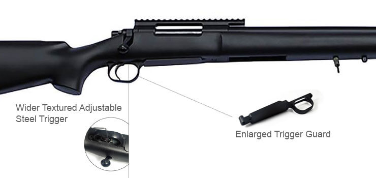 Bolt Action Airsoft Sniper Rifle MOD24 with  Wider Textured Adjustable Steel Trigger and Enlarged Grard.